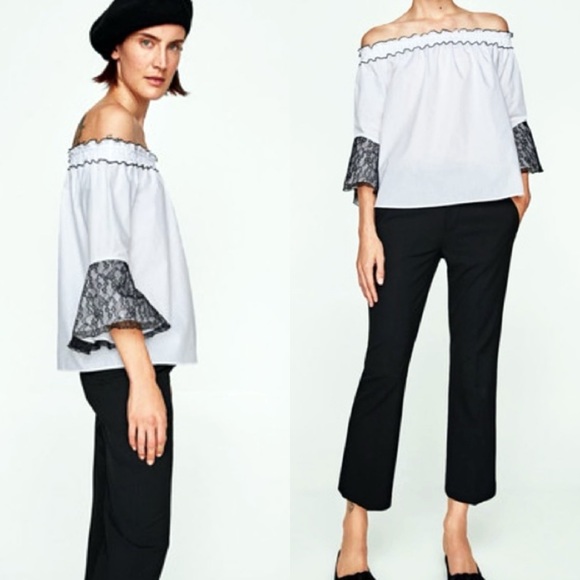 π² ZARA BOHO WHITE BLACK LACE BELL SLEEVE LOOSE FIT OPEN SHOULDER RUFFLE TOP! - Picture 8 of 16